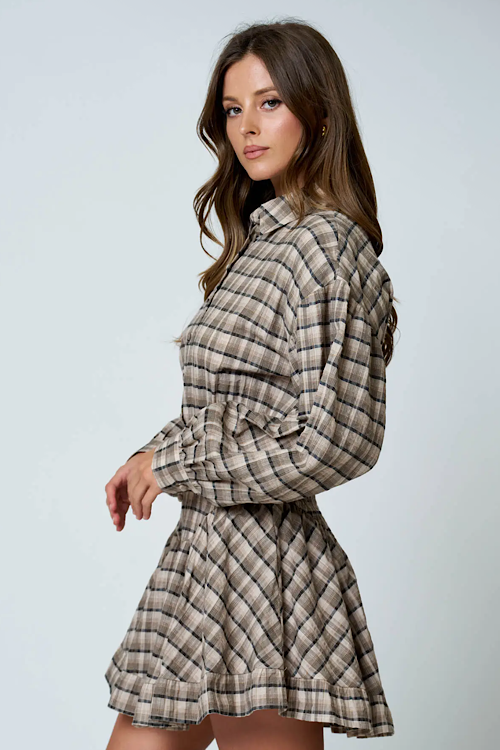 Plaid Collared Long Sleeve Basque Waist Mini Dress - Black
