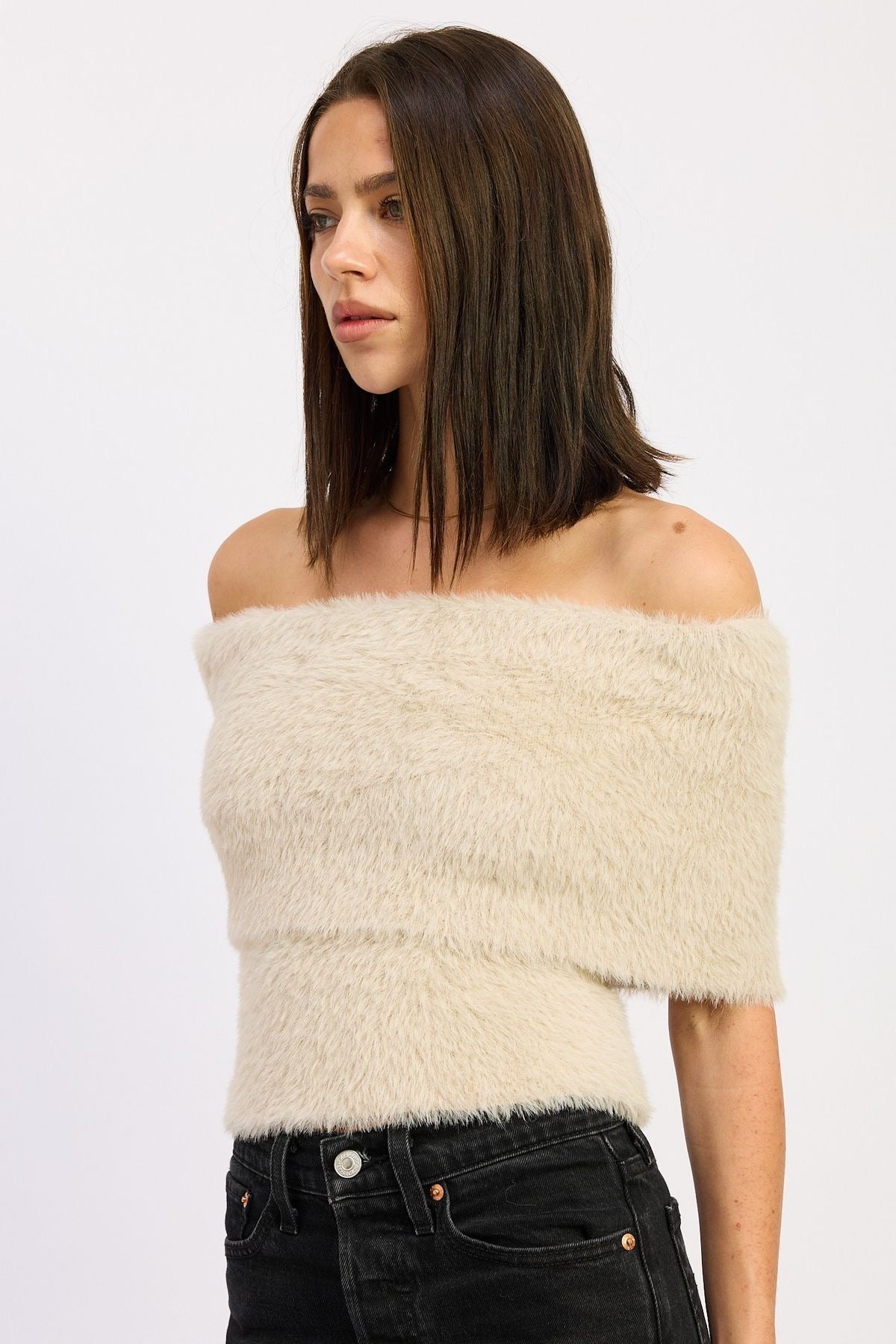 Cream Fuzzy Off The Shoulder Sweater sold by A Velvet Window