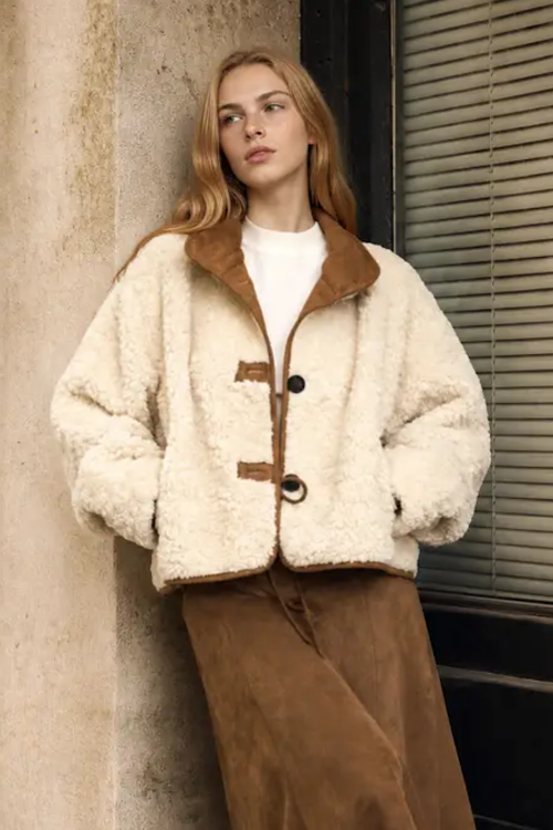 Mock Neck Sherpa Suede Trim Button Down Jacket - Ivory