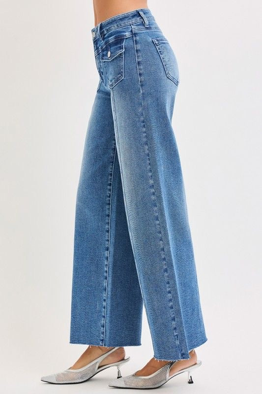 Risen Cropped Wide Leg Flap Front Pocket Jeans sold by A Velvet Window