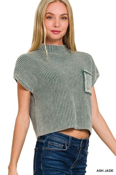 Washed Mock Neck Short Sleeve Sweater