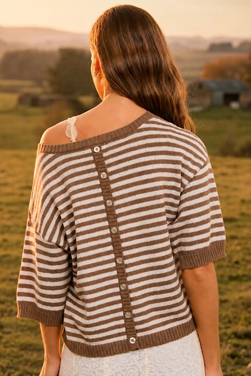Stripe Contrast Trim Short Sleeve Knit Sweater - Mocha