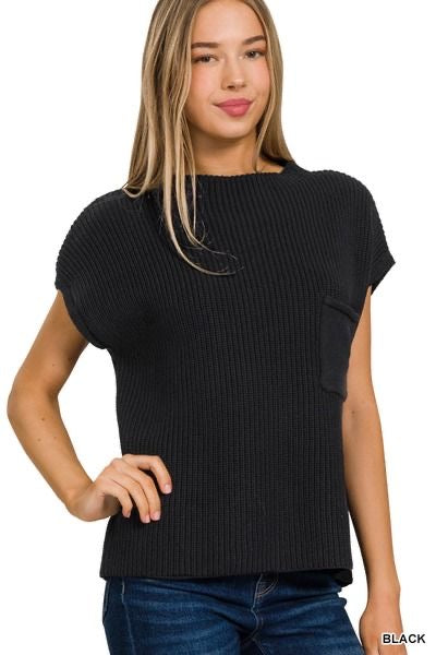 Long Style Mock Neck Short Sleeve Sweater