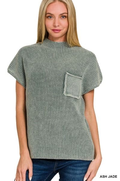 Long Washed Mock Neck Short Sleeve Sweater