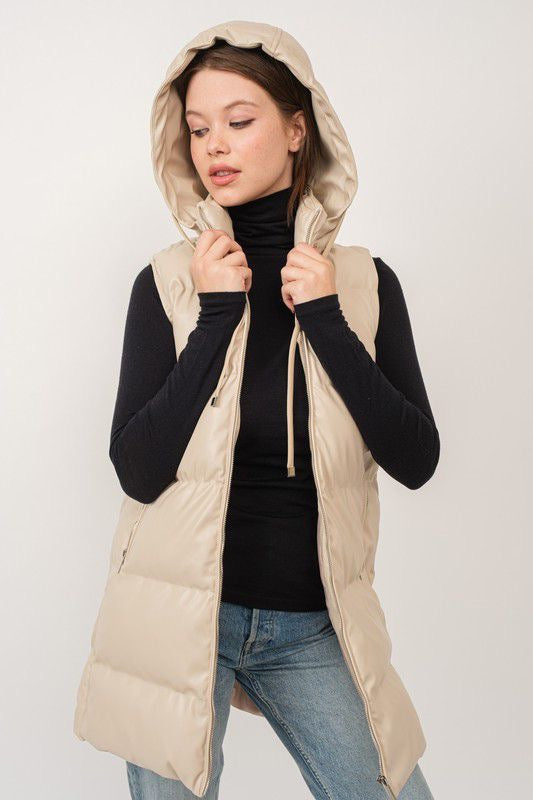 Longline Faux Leather Puffer Vest sold by A Velvet Window