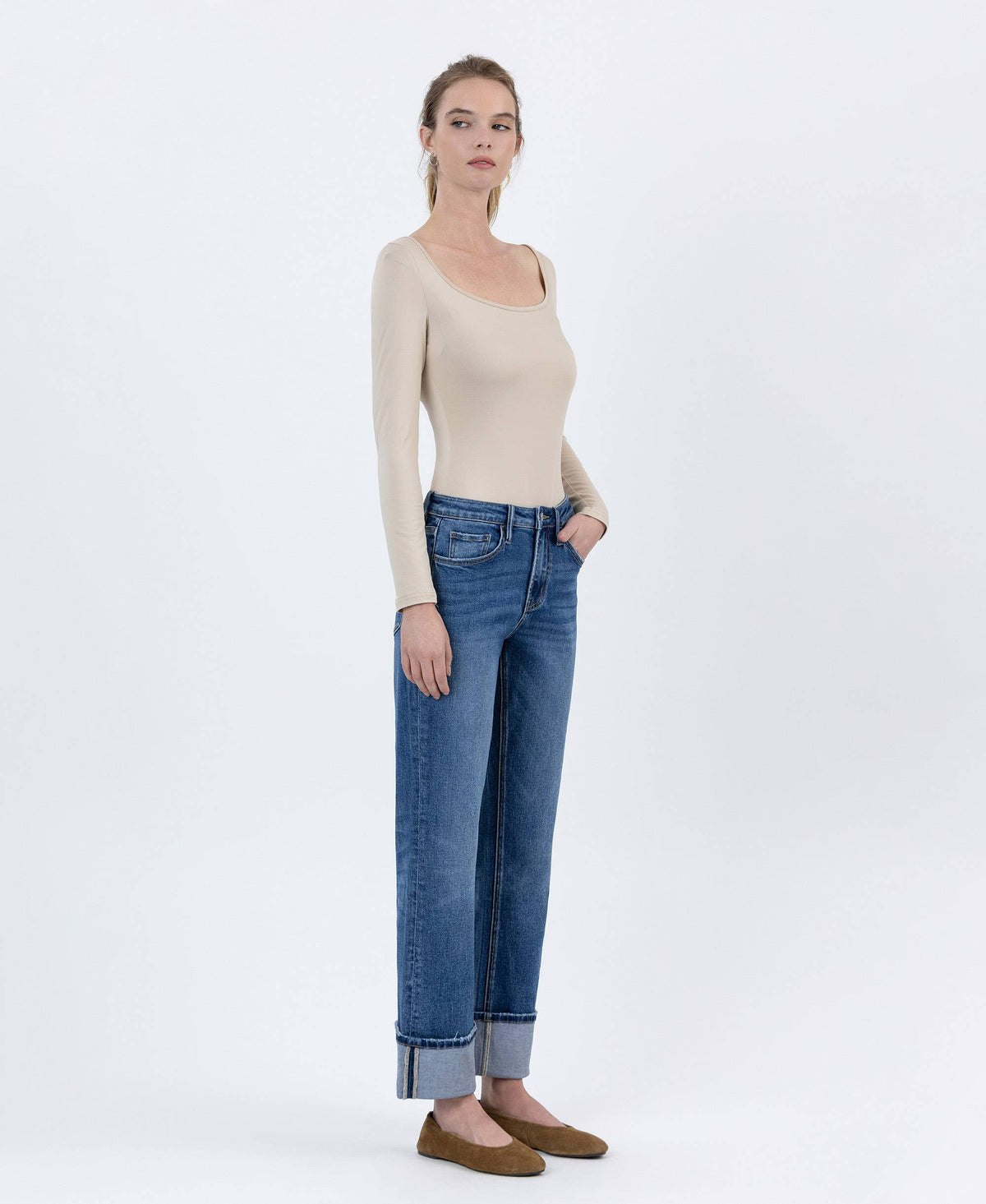 High Rise Cuffed Ankle Straight Jeans sold by A Velvet Window