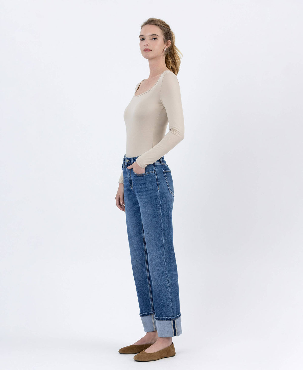 High Rise Cuffed Ankle Straight Jeans sold by A Velvet Window