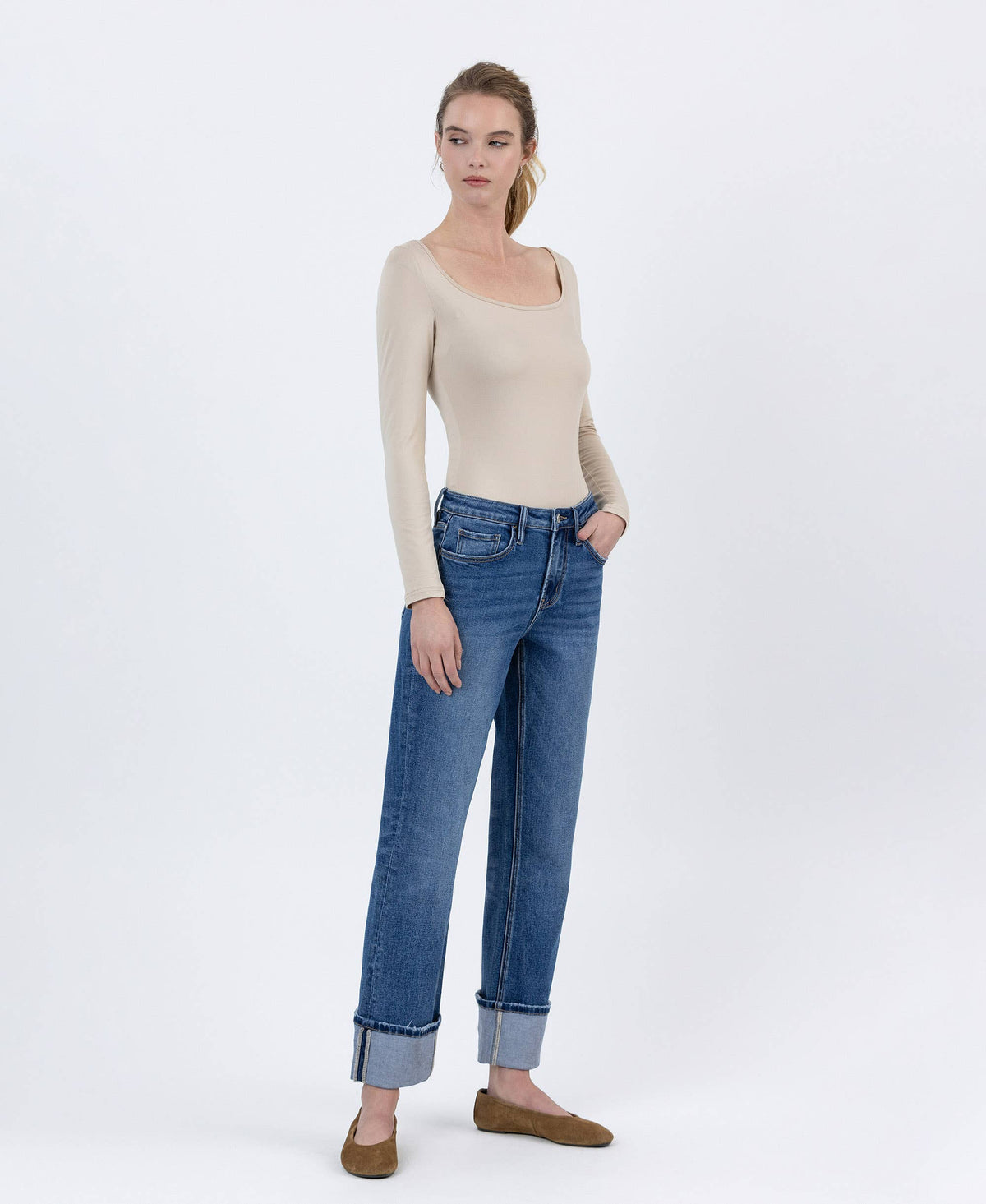 High Rise Cuffed Ankle Straight Jeans sold by A Velvet Window