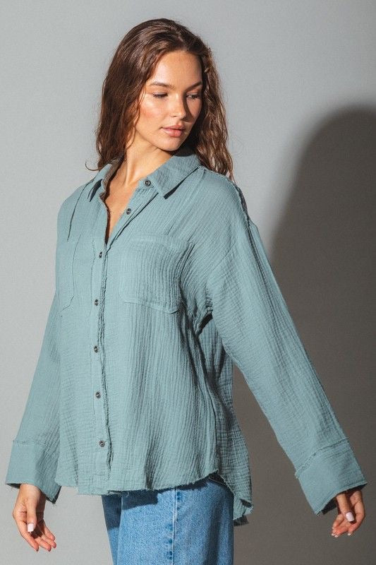 Distressed Gauze Button Down Shirt sold by A Velvet Window