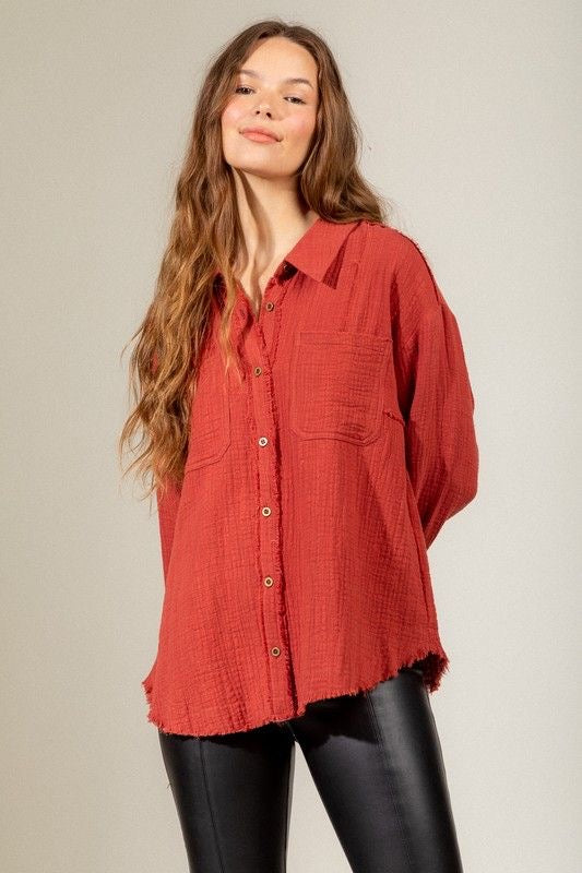 Distressed Gauze Button Down Shirt sold by A Velvet Window