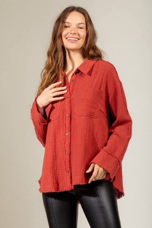 Distressed Gauze Button Down Shirt sold by A Velvet Window