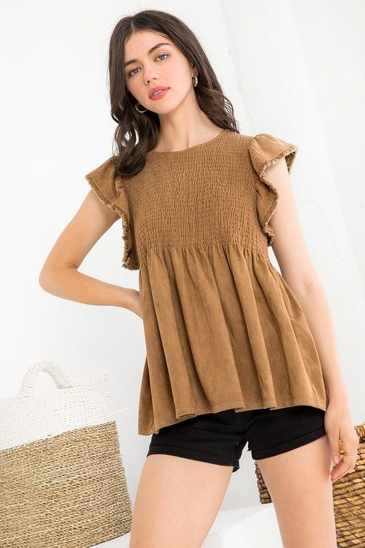 Camel Suede Smocked Top sold by A Velvet Window