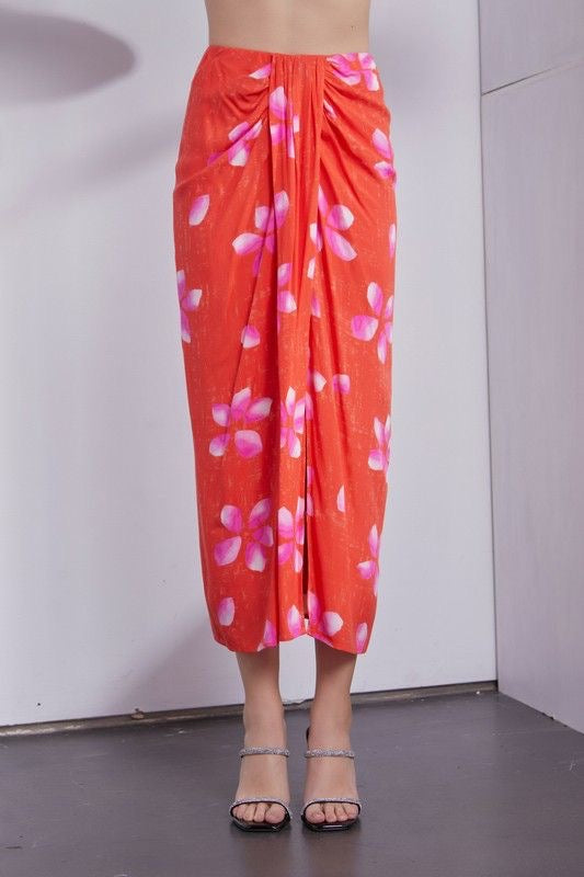 Coral Red Tropical Flower Draped Skirt sold by A Velvet Window