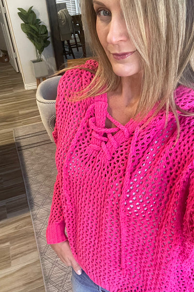 Bright Pink Open Knit Chenille Hoodie