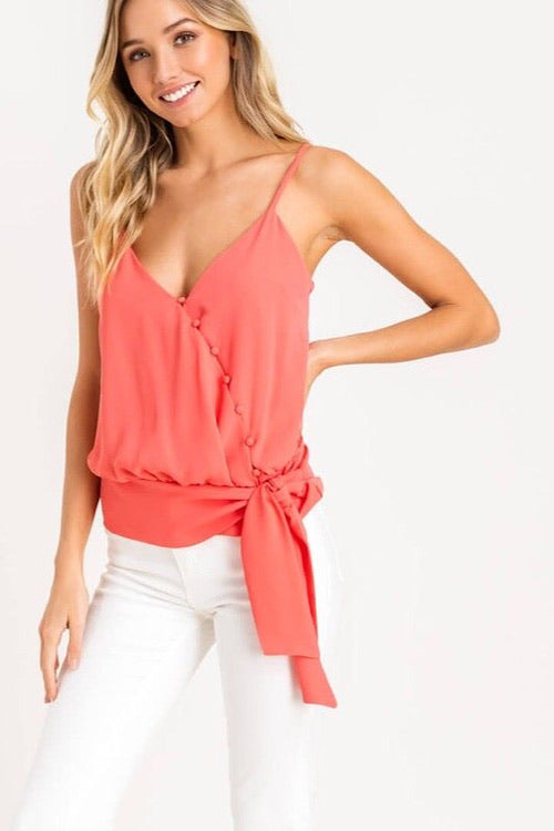 Coral Buttoned Tie Wrap Top sold by A Velvet Window