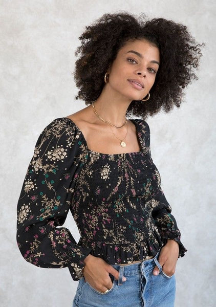 Holiday Floral Print Smocked Crop Top