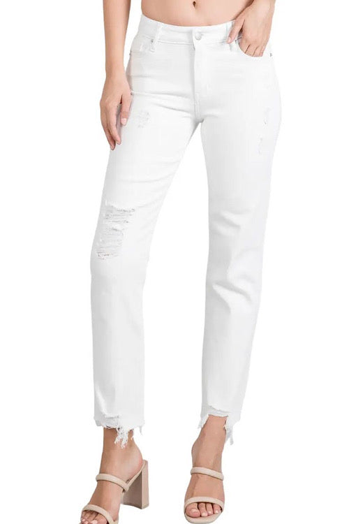 Distressed Straight Leg White Jeans sold by A Velvet Window