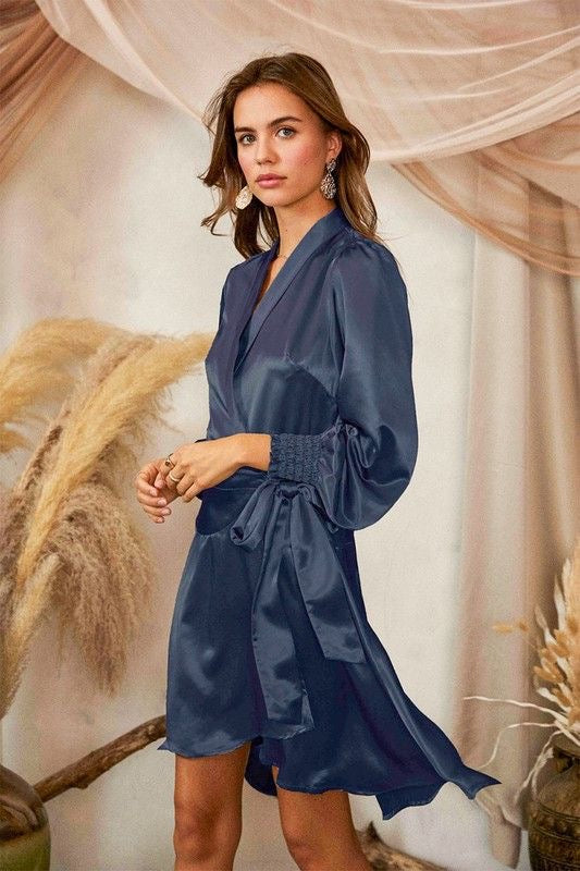 Midnight Sky Satin Wrap Dress sold by A Velvet Window